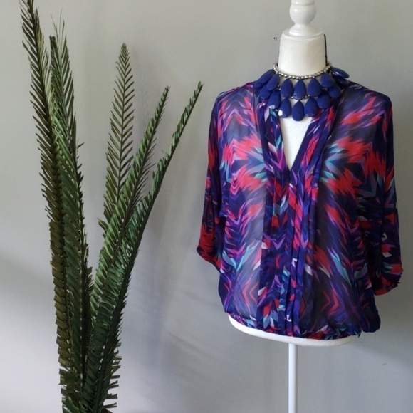 a.n.a. sheer v-neck blouse with multi colors - Picture 1 of 3